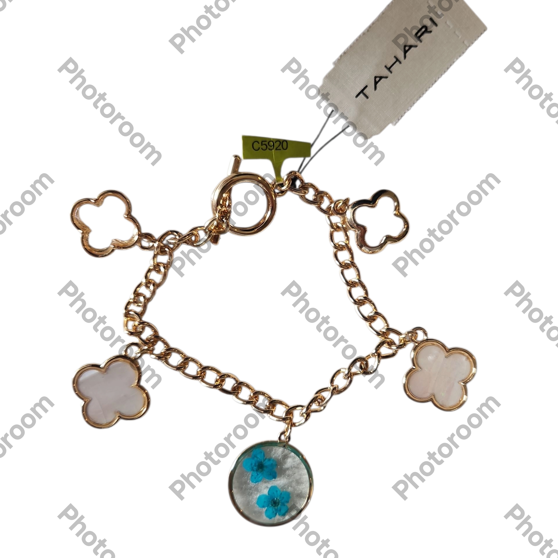 Tahari Woman Gold Tone Chain Blue Floral Mother Of Pearl Clover Charm Bracelet
